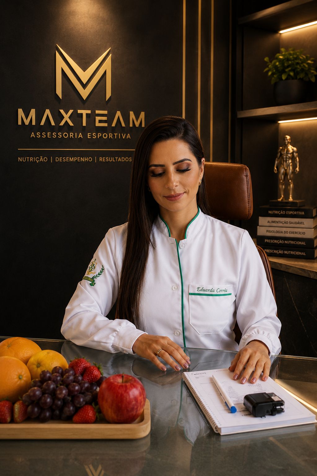 Eduarda Corrêa no espaço Max Team com frutas e materiais de avaliação